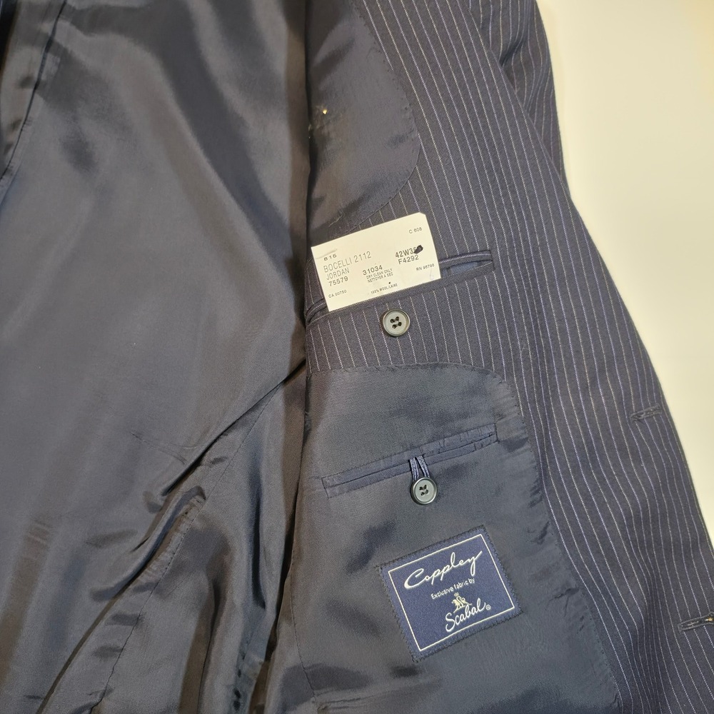 Coppley Mens Navy Pinstripe Wool Suit Scabal Fabric 42S 2 Button Made in Canada - Picture 2 of 14
